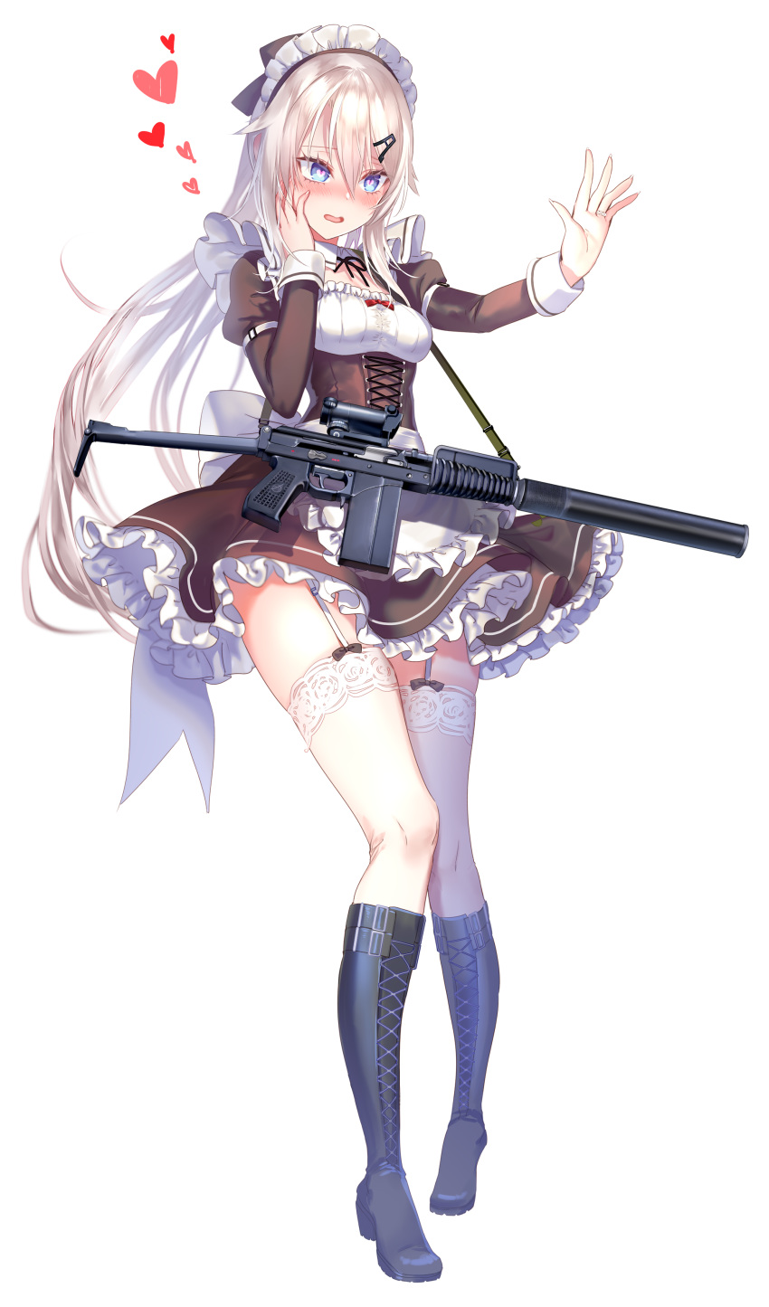9a-91 9a-91_(girls_frontline) :d absurdres alternate_costume bangs black_footwear blue_eyes blush boots breasts dress frills garter_straps girls_frontline hair_between_eyes hair_ornament hairclip hand_on_own_cheek hand_up high_heel_boots high_heels highres juliet_sleeves knee_boots long_hair long_sleeves maid maid_headdress medium_breasts open_mouth pottsness puffy_sleeves sidelocks silver_hair smile solo thigh-highs very_long_hair white_legwear