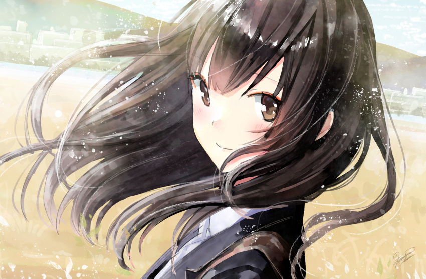1girl black_hair blazer blurry blush brown_hair city commentary depth_of_field dutch_angle faux_traditional_media field highres hill jacket kazuharu_kina light_particles long_hair looking_at_viewer looking_to_the_side official_art original portrait school_uniform shoulder_strap signature smile solo uniform wind