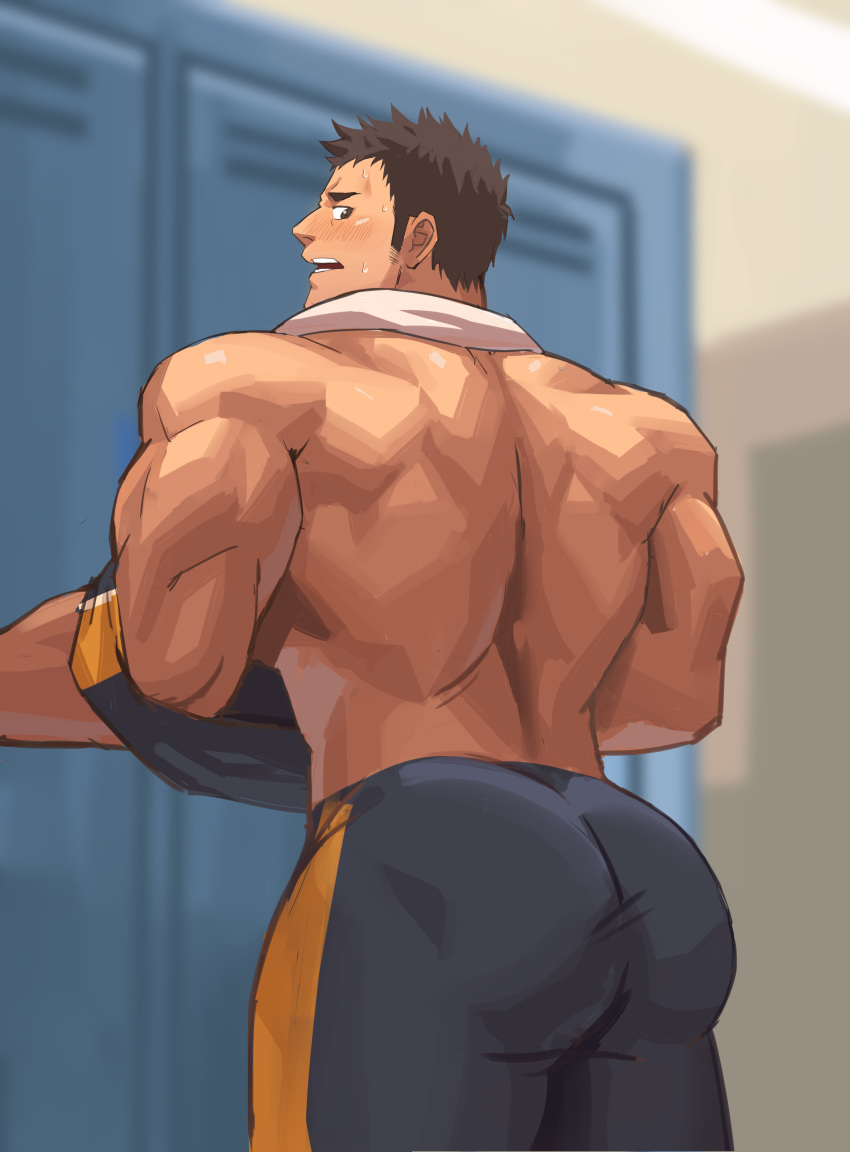 1boy absurdres ass ass_focus back bara blush brown_eyes brown_hair haikyuu!! highres locker locker_room looking_back male_focus muscle pants sawamura_daichi shirt_removed short_hair solo sportswear thick_thighs thighs undressing upper_body xianyusamuel