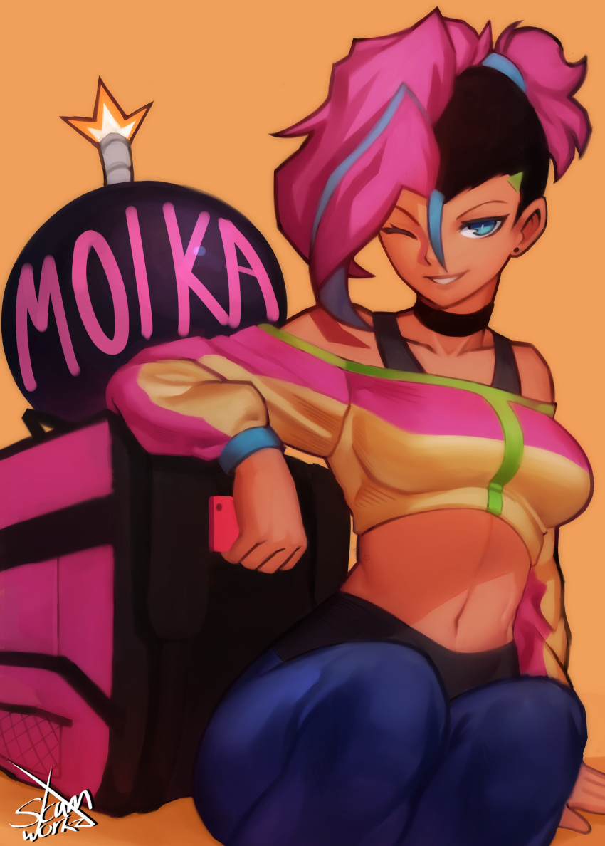 1girl ;d absurdres bare_shoulders black_choker black_hair black_sports_bra blue_eyes blue_hair bomb borrowed_character bra_strap breasts character_name choker collarbone commentary cropped_sweater english_commentary hair_ornament hairclip highres legs_together long_sleeves medium_breasts mohawk moika_(moikaloop) multicolored_hair navel off-shoulder_sweater off_shoulder one_eye_closed open_mouth original pants pink_hair scumworkz short_ponytail smile solo sports_bra sweater tan toned undercut yellow_background yoga_pants