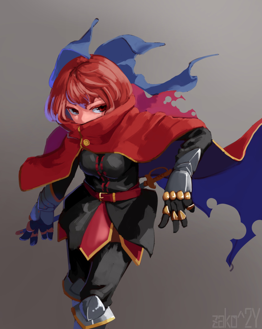 1girl absurdres alternate_costume belt black_pants blue_bow bow cape commentary gauntlets gradient gradient_background hair_bow highres pants red_belt red_eyes redhead sekibanki short_hair signature solo torn_cape torn_clothes touhou zakozako_y