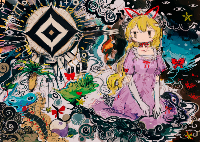 1girl abstract abstract_background black_cloud blonde_hair bow bug dress elbow_gloves expressionless gloves grass hat hito_(nito563) insect long_hair mob_cap purple_dress red_bow red_ribbon ribbon short_sleeves solo surreal touhou tree very_long_hair white_gloves white_headwear wide_shot yakumo_yukari yin_yang