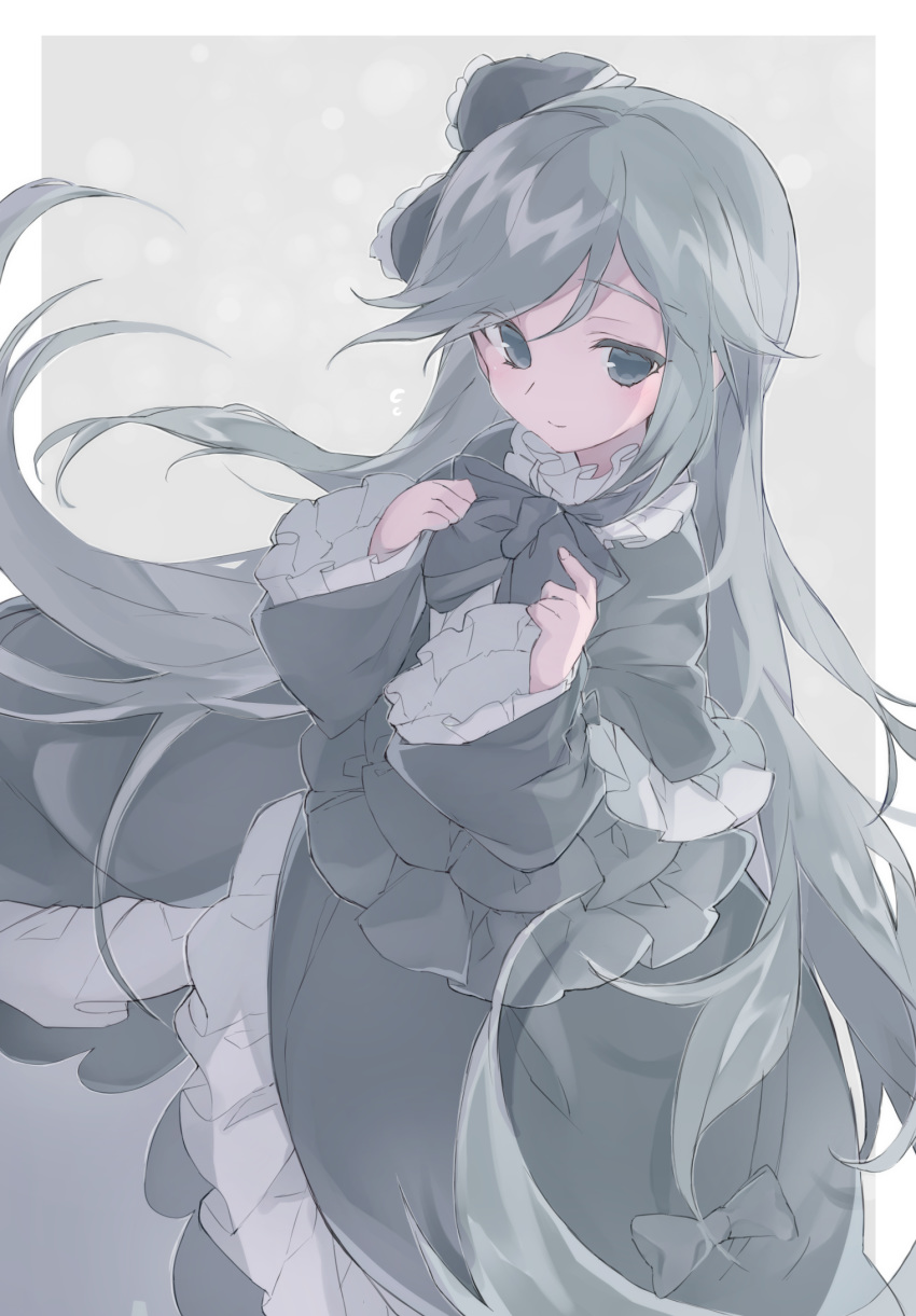 1girl adjusting_bow bangs black_bow black_dress bow bowtie dress dress_bow duel_monster eyebrows_visible_through_hair frilled_bow frilled_dress frilled_sleeves frills ghost_belle_&amp;_haunted_mansion gothic_lolita grey_eyes grey_hair hair_bow highres light_blush lolita_fashion long_hair long_sleeves smile solo tsumayouji_(dekosoko) upper_body wide_sleeves yu-gi-oh!