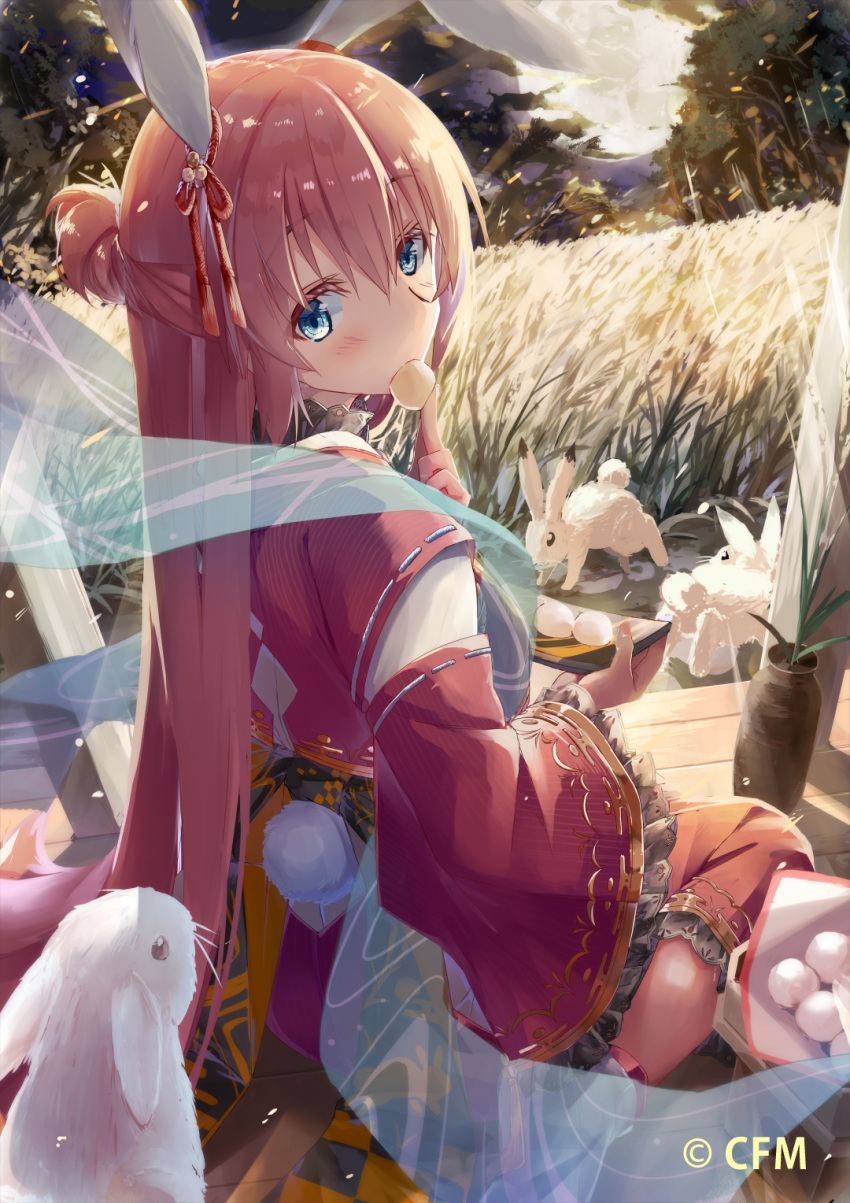 1girl alternate_costume alternate_hairstyle animal_ears blue_eyes blush braid bunny_tail commentary crypton_future_media daidou_(demitasse) dango dark dutch_angle eating eyebrows_visible_through_hair eyelashes field food french_braid full_moon hagoromo hair_ornament hatsune_miku_graphy_collection highres japanese_clothes light_particles looking_at_viewer looking_back megurine_luka mochi moon mouth_hold night outdoors plant potted_plant rabbit scenery shawl sitting solo susuki_grass tabi tail tree tsukimi tsukimi_dango vocaloid wagashi wariza wheat_field