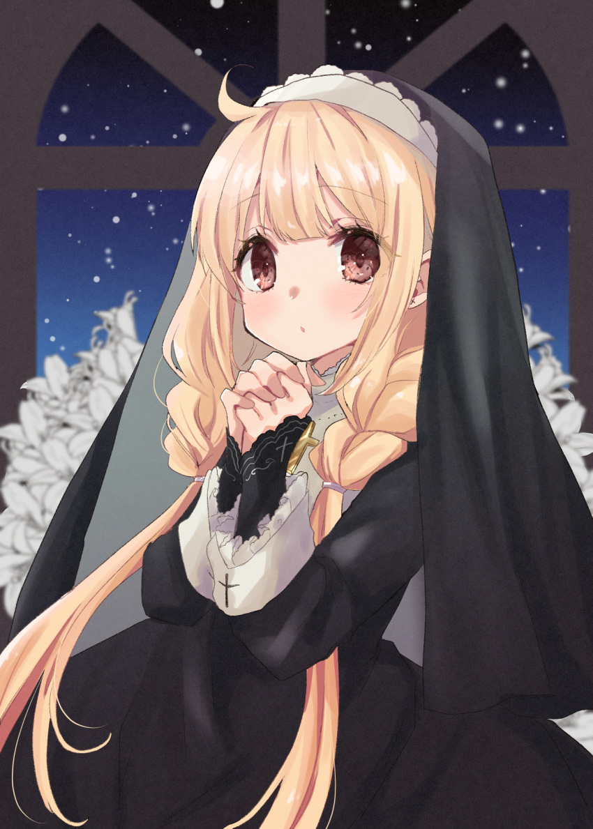 1girl ahoge bangs black_dress blonde_hair blush braid brown_eyes commentary_request dress eyebrows_visible_through_hair flower futaba_anzu habit hands_clasped hands_up highres idolmaster idolmaster_cinderella_girls idolmaster_cinderella_girls_starlight_stage latin_cross long_hair long_sleeves low_twintails nun own_hands_together parted_lips rino_cnc sleeves_past_wrists solo twintails very_long_hair white_flower window