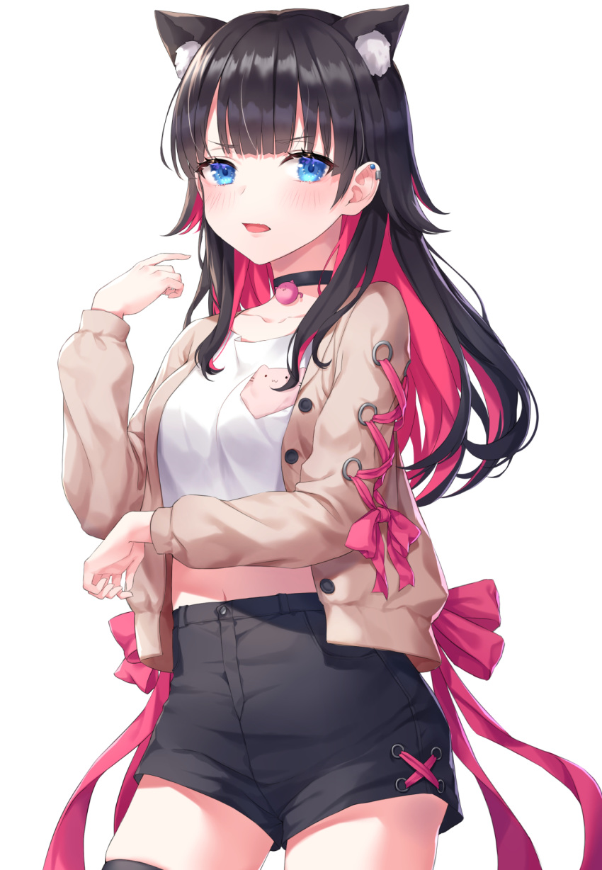 1girl animal_ear_fluff animal_ears black_choker black_hair black_shorts blue_eyes breasts brown_jacket cat_ears choker colored_inner_hair cowboy_shot crop_top ear_piercing extra_ears frown hand_up high-waist_shorts highres jacket kemonomimi_mode long_hair long_sleeves looking_at_viewer medium_breasts midriff multicolored_hair open_clothes open_jacket open_mouth original piercing shirt short_shorts shorts simple_background solo soyubee thigh-highs two-tone_hair white_background white_shirt