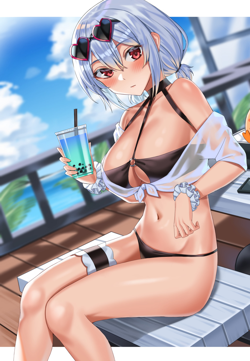 1girl absurdres azur_lane bangs bikini black_bikini blush breasts bubble_tea closed_mouth clouds collarbone cup disposable_cup drinking_straw eyewear_on_head hair_between_eyes heart heart-shaped_eyewear highres holding holding_cup iced_tea large_breasts looking_at_viewer navel o-ring o-ring_top outdoors red_eyes scrunchie sheer_clothes shocho short_hair short_twintails silver_hair sirius_(azur_lane) sirius_(midsummer_seirios)_(azur_lane) sitting sky solo sunglasses swimsuit thigh_strap twintails white_scrunchie wrist_scrunchie