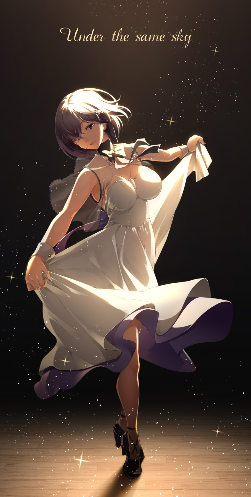 1girl absurdres black_bow black_footwear bow breasts capelet dress dress_lift english_text fate/grand_order fate_(series) hair_over_one_eye highres large_breasts long_dress mash_kyrielight mukunokino_isshiki purple_hair short_hair solo sparkle violet_eyes white_capelet white_dress