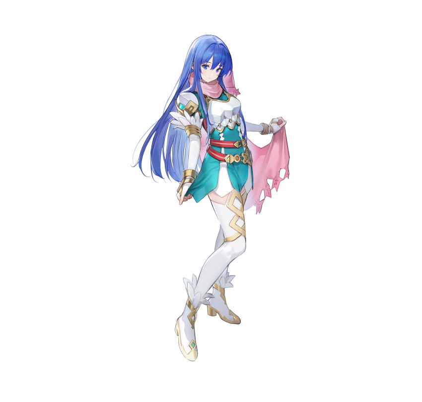 1girl absurdres ankle_boots armor artist_request bangs belt blue_eyes blue_hair blush boots breastplate caeda_(fire_emblem) cape closed_mouth commentary_request dress elbow_gloves feather_trim fire_emblem fire_emblem:_mystery_of_the_emblem fire_emblem_heroes full_body gloves highres holding long_hair looking_at_viewer multiple_belts official_art pink_cape short_dress shoulder_armor simple_background smile solo standing thigh-highs white_background white_legwear zettai_ryouiki