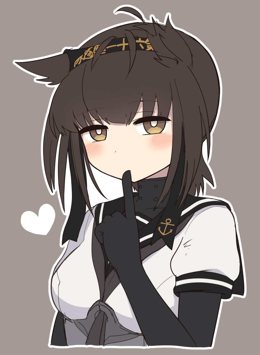 1girl anchor_symbol bangs black_bodysuit black_hair black_sailor_collar blush bodysuit breasts clothes_writing eyebrows_visible_through_hair finger_to_mouth grey_background hachimaki hair_flaps hatsuzuki_(kantai_collection) headband heart highres index_finger_raised kantai_collection sailor_collar simoyuki simple_background solo upper_body