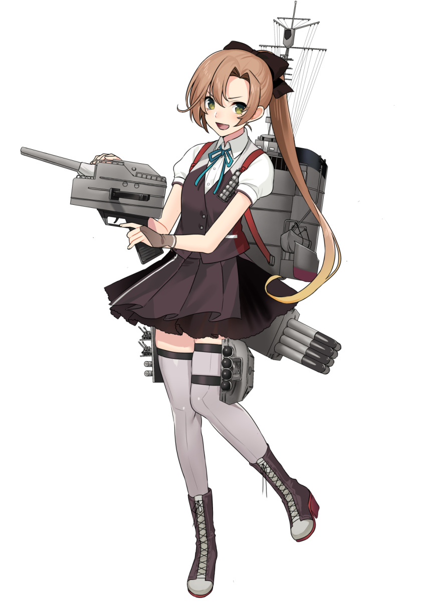 1girl akigumo_(kantai_collection) aqua_neckwear bangs boots bow brown_gloves brown_hair commentary_request cross-laced_footwear fingerless_gloves gloves green_eyes grey_legwear hair_bow highres holding kantai_collection lace-up_boots long_hair mizuki_eiru_(akagi_kurage) mole mole_under_eye neck_ribbon open_mouth original_remodel_(kantai_collection) ribbon rigging shirt simple_background skirt solo thigh-highs thigh_strap vest white_background white_shirt