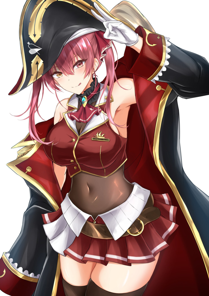 1girl :q arm_up armpits ascot belt bicorne black_coat black_headwear black_legwear breasts brooch brown_belt coat commentary_request covered_navel crop_top gloves hair_ribbon hat heterochromia highres hololive houshou_marine jewelry large_breasts long_hair long_sleeves miniskirt off_shoulder piro_(prwtrs) pleated_skirt red_eyes red_neckwear red_ribbon red_shirt red_skirt redhead ribbon shirt simple_background skirt sleeveless sleeveless_shirt solo thigh-highs thighs tongue tongue_out v white_background white_gloves yellow_eyes zettai_ryouiki