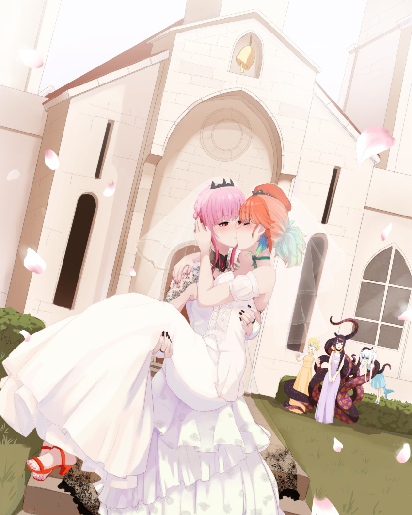 5girls absurdres bangs black_hair blonde_hair blue_dress blue_eyes braid bridal_veil carrying choker closed_eyes crown_braid dress gawr_gura highres hiwonoafu hololive hololive_english holomyth kiss mori_calliope multiple_girls ninomae_ina'nis open_mouth orange_hair pink_eyes pink_hair princess_carry purple_dress takanashi_kiara tentacles tied_hair veil virtual_youtuber watson_amelia wedding wedding_dress white_hair yellow_dress yuri