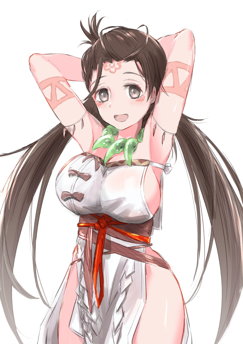 1girl absurdres armpits arms_behind_head arms_up bare_shoulders blush body_markings breasts brown_eyes brown_hair dress fate/grand_order fate_(series) highres himiko_(fate) large_breasts long_hair looking_at_viewer magatama magatama_necklace open_mouth sash side_slit sideboob simple_background smile thighs topknot twintails white_background white_dress xobox