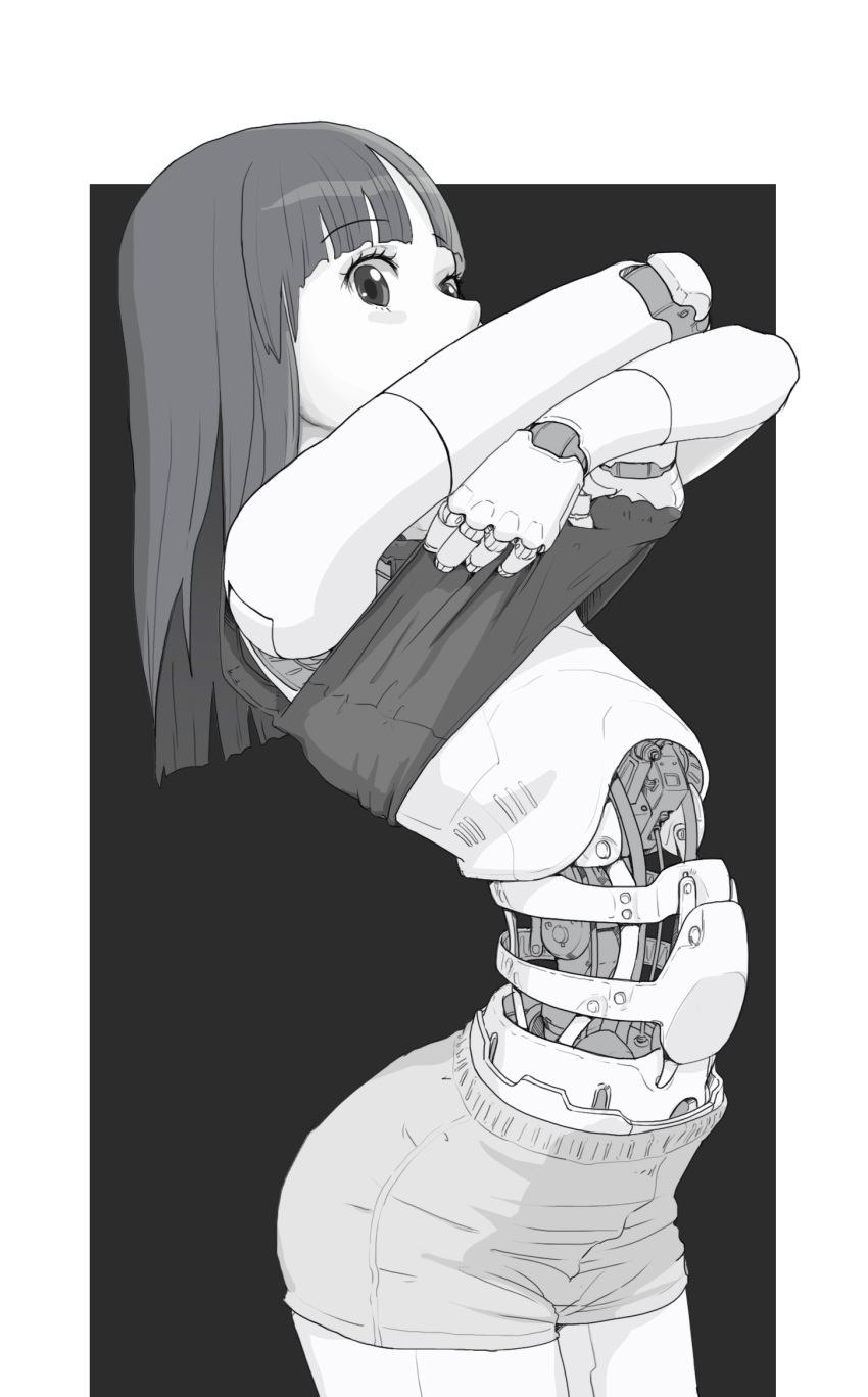 1girl android black_background highres leaning_back looking_at_viewer medium_hair monochrome original science_fiction shirt_lift short_shorts shorts solo sukabu