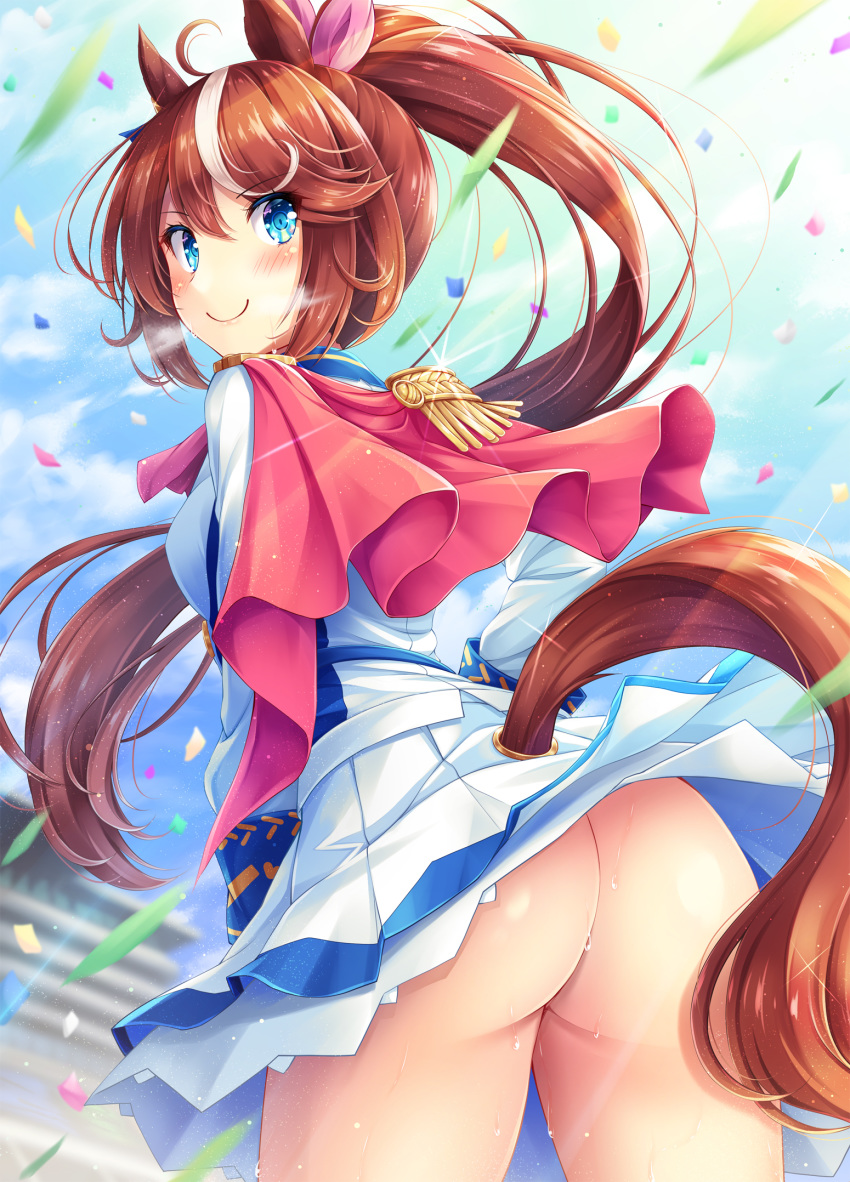 1girl akashio_(loli_ace) animal_ears ass bangs blue_eyes blush brown_hair commentary_request confetti day eyebrows_visible_through_hair eyes_visible_through_hair from_behind hair_between_eyes highres horse_ears horse_tail long_hair long_sleeves looking_at_viewer looking_back no_panties outdoors ponytail skirt smile solo tail tail_through_clothes tokai_teio umamusume very_long_hair