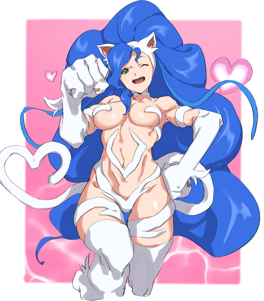 1girl ;d absurdres animal_ears big_hair blue_hair breasts cat_ears cat_girl cat_paws cat_tail choker claws cropped_legs fangs felicia_(vampire) green_eyes hand_on_hip heart heart_tail highres long_hair medium_breasts midriff navel one_eye_closed open_mouth paw_pose paws pretty-purin720 smile solo tail thigh-highs vampire_(game) very_long_hair white_choker white_legwear