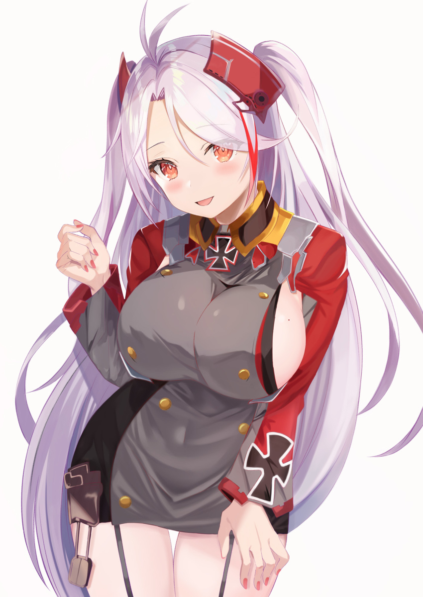 1girl :d antenna_hair azur_lane bangs blush breasts buttons collared_dress commentary_request cowboy_shot cross_print dress eyebrows_visible_through_hair garter_straps grey_dress hair_between_eyes hand_up highres iron_cross large_breasts leaning_forward long_hair long_sleeves looking_at_viewer mole mole_on_breast multicolored_hair nannann open_mouth prinz_eugen_(azur_lane) red_eyes red_nails red_sleeves redhead sideboob sidelocks silver_hair simple_background smile solo standing streaked_hair swept_bangs taut_clothes taut_dress thigh_gap two_side_up very_long_hair white_background
