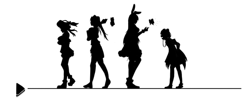 4girls animal_ears bug butterfly commentary_request greyscale hat highres holding holding_weapon hololive houshou_marine insect kintsuba_(shiranui_flare) looking_at_another mace monochrome multiple_girls older pirate_hat rabbit_ears rabbit_girl shiranui_flare silhouette uruha_rushia usada_pekora virtual_youtuber walking weapon yasagi_lapin28