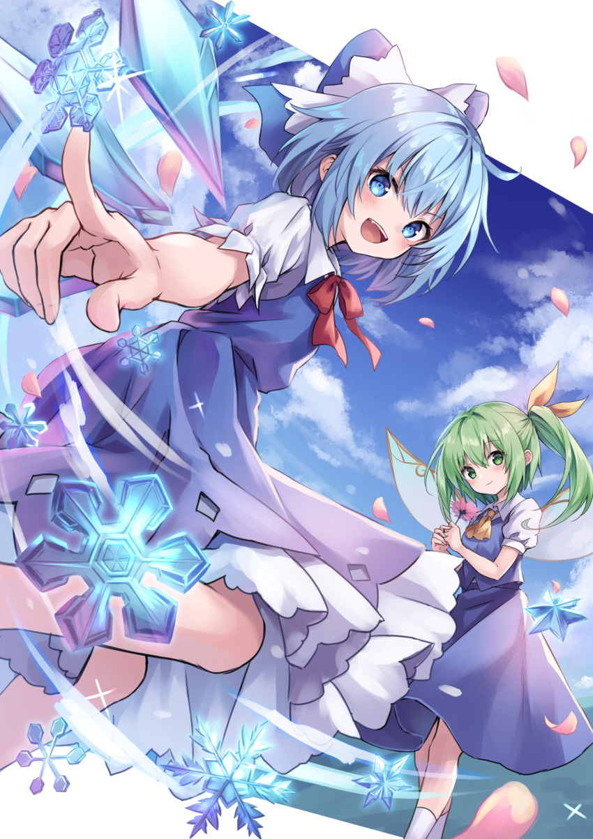 2girls :d absurdres ascot blue_bow blue_dress blue_eyes blue_hair blush bow cirno closed_mouth clouds commentary daiyousei day dress dutch_angle fang feet_out_of_frame flower green_eyes green_hair hair_bow hair_ribbon highres holding holding_flower ice ice_wings kure~pu multiple_girls open_mouth petals petticoat puffy_short_sleeves puffy_sleeves red_neckwear red_ribbon ribbon short_hair short_sleeves side_ponytail sky smile snowflakes touhou v-shaped_eyebrows wings yellow_neckwear yellow_ribbon