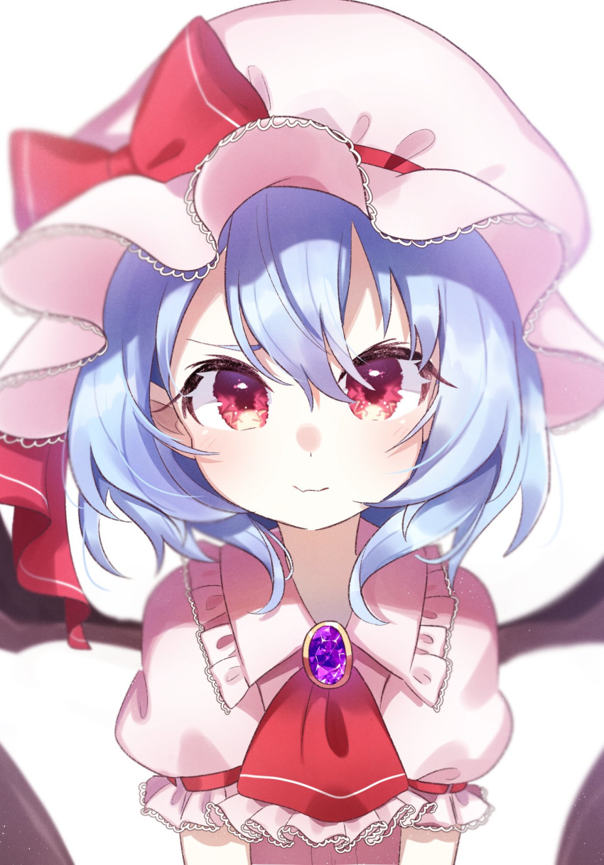 1girl ametama_(runarunaruta5656) asymmetrical_eyebrows bangs bat_wings blue_hair bow closed_mouth commentary_request cravat frilled_shirt_collar frills hair_between_eyes hat hat_bow hat_ribbon highres jewelry lace-trimmed_collar lace-trimmed_headwear lace-trimmed_neckwear lace-trimmed_sleeves lace_trim light_blush looking_at_viewer mob_cap nervous pink_shirt puffy_short_sleeves puffy_sleeves red_bow red_eyes red_ribbon remilia_scarlet ribbon ribbon-trimmed_sleeves ribbon_trim shirt short_hair short_sleeves sidelocks simple_background smirk solo touhou upper_body white_background wings