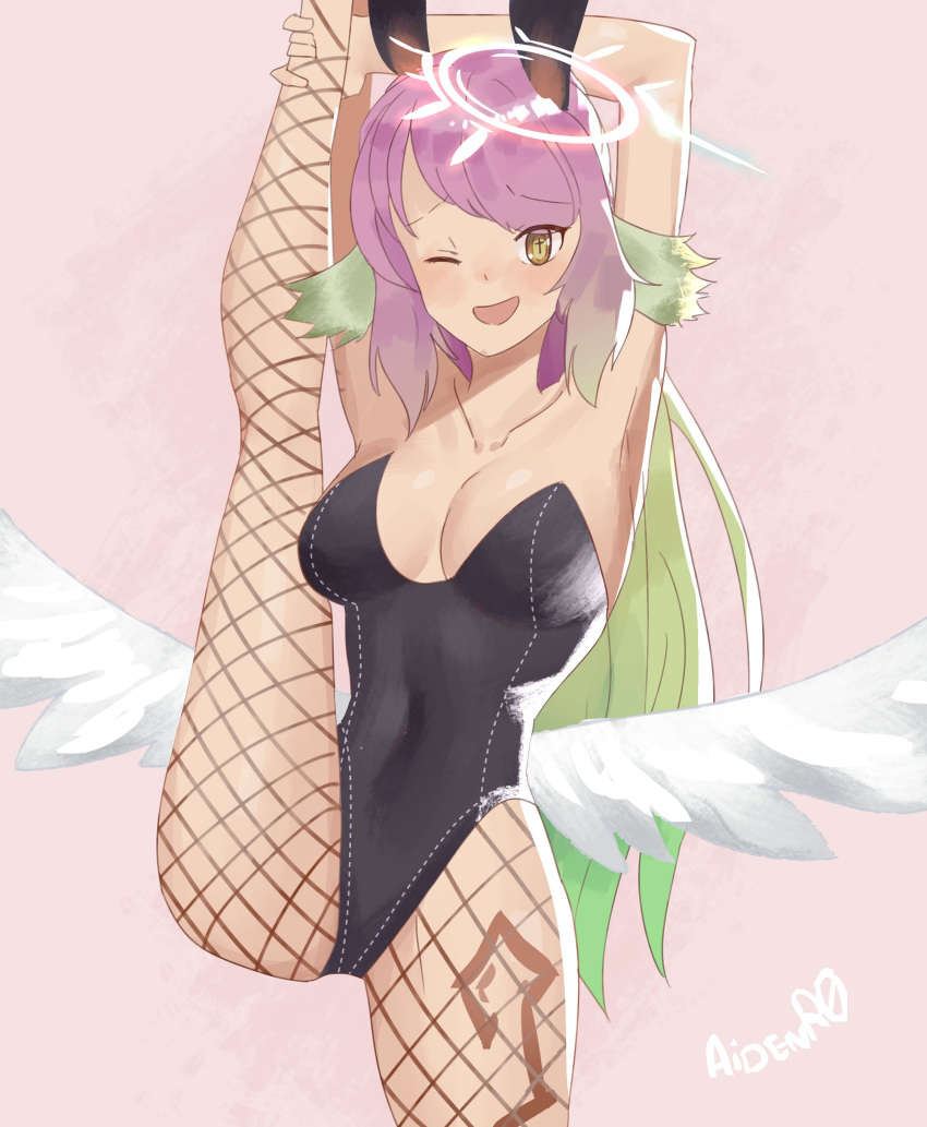 1girl absurdres aidenr0 angel_wings animal_ears armpits arms_behind_head artist_name black_leotard breasts covered_navel cross fake_animal_ears feathered_wings fishnet_legwear fishnets gradient_hair halo highres jibril_(no_game_no_life) large_breasts leg_up leotard long_hair looking_at_viewer low_wings magic_circle multicolored_hair no_game_no_life one_eye_closed open_mouth pink_background pink_hair playboy_bunny rabbit_ears smile solo split standing standing_on_one_leg standing_split strapless symbol-shaped_pupils tattoo very_long_hair white_wings wing_ears wings yellow_eyes