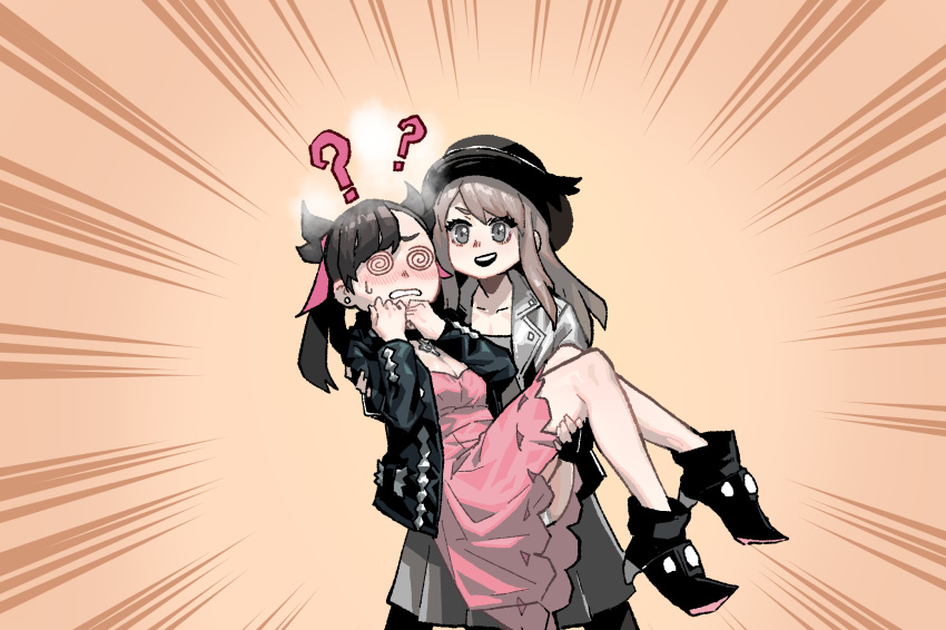 2girls :d ?? @_@ ankle_boots black_choker black_footwear black_headwear black_jacket blush boots breasts brown_hair carrying character_request choker d: dress embarrassed emphasis_lines gogalking grey_eyes grey_jacket hair_horns hair_ribbon hands_up hat high_heel_boots high_heels highres jacket jewelry long_hair long_sleeves marnie_(pokemon) multiple_girls necklace open_clothes open_jacket open_mouth orange_background panties panty_peek pink_dress pink_ribbon pokemon pokemon_(game) pokemon_swsh princess_carry ribbon short_hair small_breasts smile sweat top_hat underwear white_panties yuri