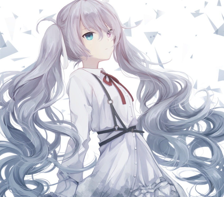 1girl bangs blue_eyes closed_mouth collared_dress commentary_request dress eyebrows_visible_through_hair grey_hair hair_between_eyes hatsune_miku heterochromia highres long_hair long_sleeves looking_away neck_ribbon project_sekai red_eyes red_ribbon ribbon simple_background solo twintails very_long_hair vocaloid white_background white_dress yukkering_(yukke)