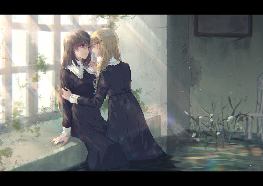 2girls black_dress blonde_hair brown_hair day dress eye_contact hair_ornament hand_on_another's_arm highres holding_hands indoors interlocked_fingers long_hair long_sleeves looking_at_another mokoppe multiple_girls original ruins sitting sunlight wading water window yuri