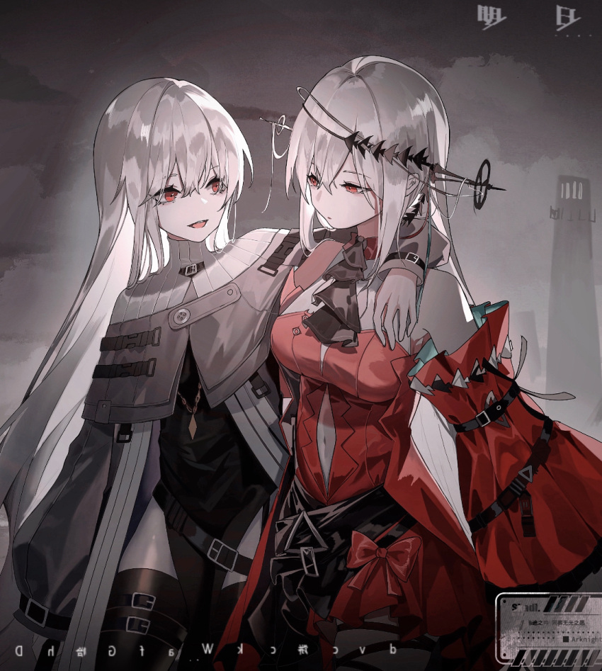 2girls :d :o aqua_gloves arknights arm_on_shoulder black_dress black_footwear black_nails boots chinese_commentary commentary_request cookie_(ppyf5328) cowboy_shot detached_sleeves dress gloves grey_capelet highres jewelry leg_ribbon long_hair long_sleeves looking_at_another multiple_girls nail_polish necklace off-shoulder_dress off_shoulder open_mouth outdoors red_dress red_eyes ribbon silver_hair skadi_(arknights) sleeveless sleeveless_dress smile specter_(arknights) thigh-highs thigh_boots tree twintails upper_body very_long_hair
