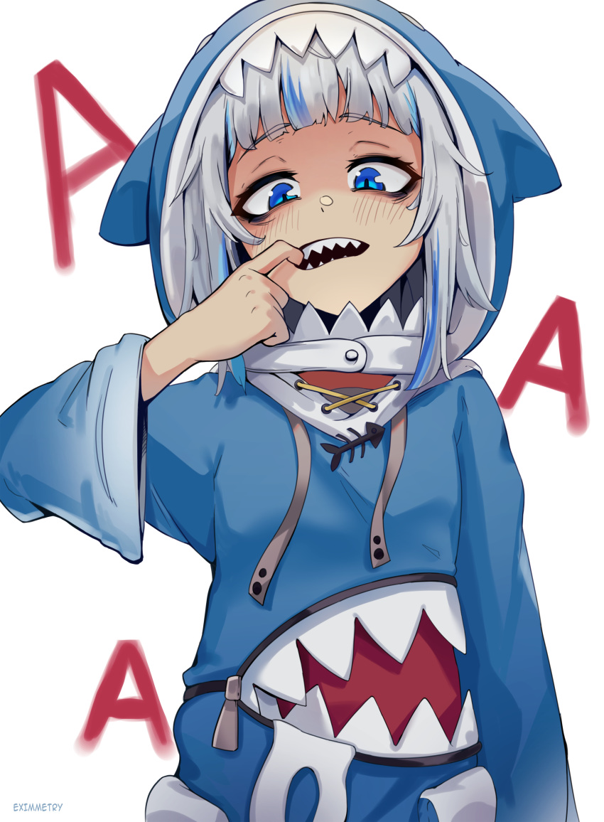 1girl absurdres artist_name blue_eyes blue_hair blush eximmetry eyebrows_visible_through_hair finger_in_mouth gawr_gura highres hololive hololive_english long_sleeves looking_at_viewer multicolored_hair open_mouth shark_costume sharp_teeth short_hair solo teeth two-tone_hair virtual_youtuber white_hair