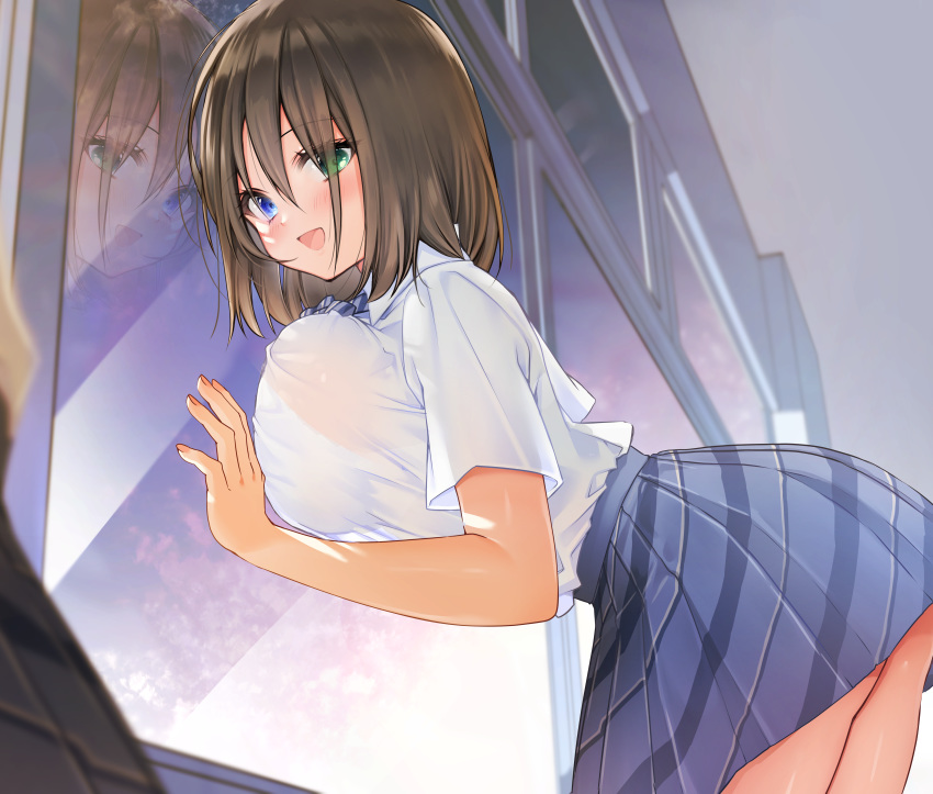1girl :d absurdres against_glass ass bangs blue_eyes blush bow bowtie bra_through_clothes breast_press breasts breasts_on_glass brown_hair classroom green_eyes hand_on_glass heterochromia highres huge_filesize large_breasts looking_at_viewer open_mouth original owl_(polaris_ilu) plaid plaid_neckwear plaid_skirt pleated_skirt reflection school_uniform shirt short_hair skirt smile solo underwear white_shirt window
