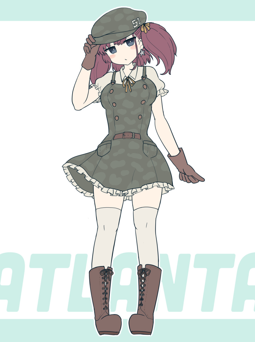 1girl alternate_costume atlanta_(kantai_collection) bangs blue_eyes blush boots breasts brown_footwear brown_gloves character_name dress earrings frilled_sleeves frills gloves green_dress green_headwear hat highres jewelry kantai_collection knee_boots large_breasts neck_ribbon number ribbon shirt simoyuki simple_background single_earring solo star_(symbol) star_earrings thigh-highs two-tone_background two_side_up white_legwear white_shirt yellow_neckwear
