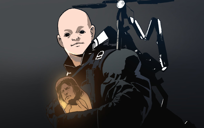 2boys baby bald bb-28 black_coat closed_mouth coat death_stranding gogalking gradient gradient_background grey_background highres holding long_sleeves looking_at_viewer multiple_boys odradek parody personality_switch sam_porter_bridges