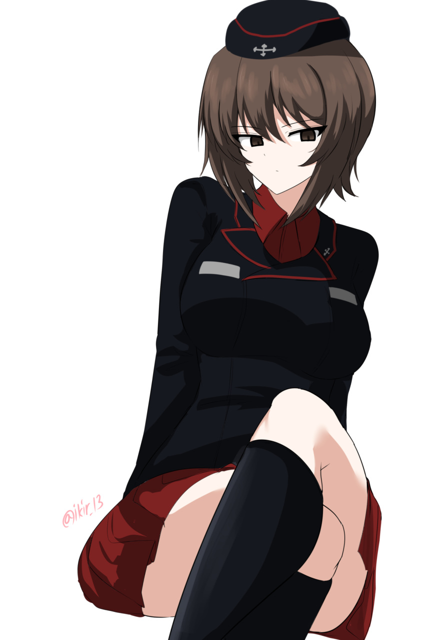 1girl absurdres aikir_(jml5160) arms_behind_back artist_name black_jacket boots breasts brown_eyes brown_hair crossed_legs garrison_cap girls_und_panzer hat highres jacket knee_boots kuromorimine_military_uniform medium_breasts nishizumi_maho red_shirt red_skirt shirt skirt solo thighs