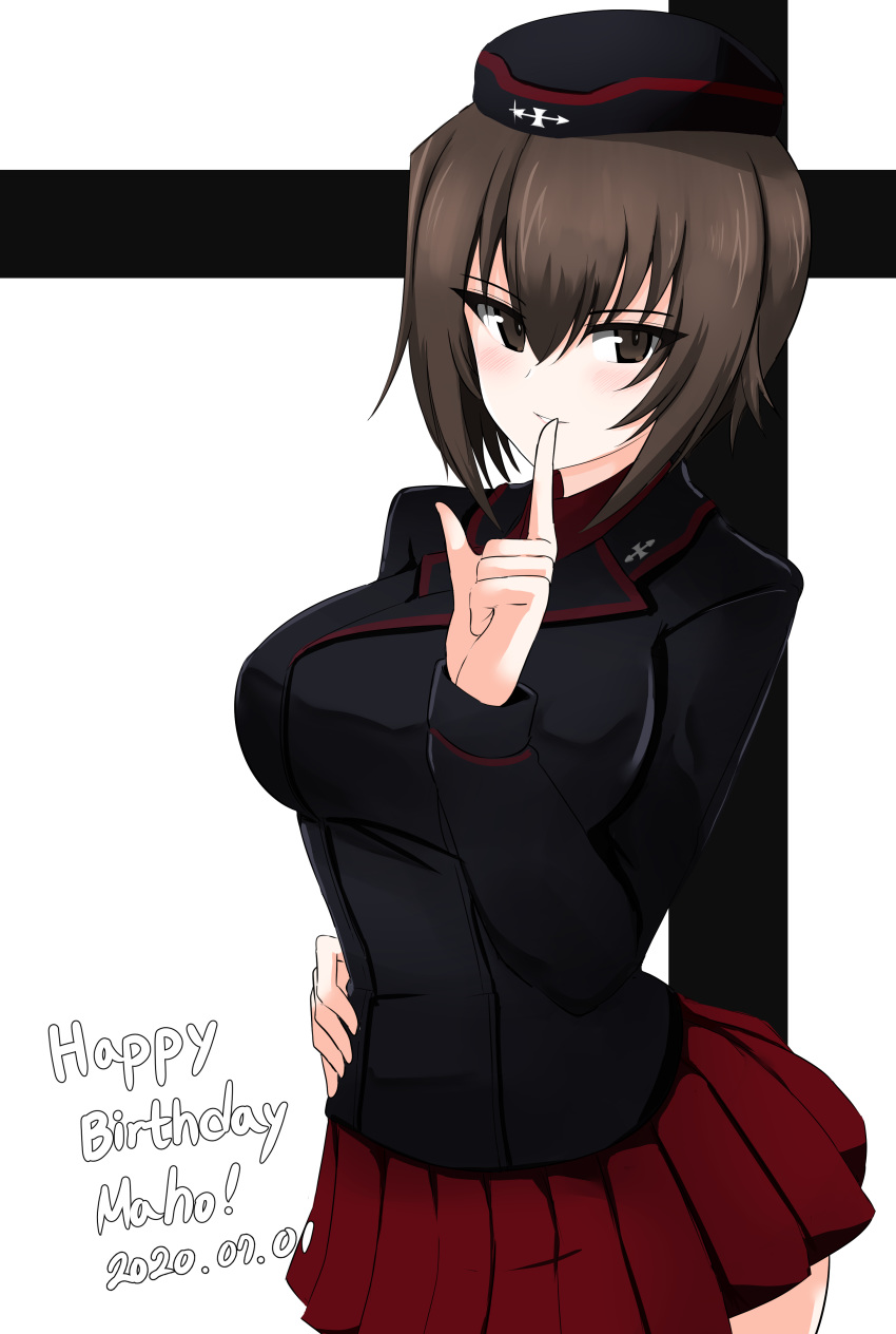1girl absurdres aikir_(jml5160) bangs black_headwear black_jacket brown_eyes brown_hair character_name closed_mouth commentary cowboy_shot dated english_text eyebrows_visible_through_hair finger_to_mouth garrison_cap girls_und_panzer hand_on_hip happy_birthday hat highres insignia jacket kuromorimine_military_uniform long_sleeves looking_at_viewer military military_hat military_uniform miniskirt nishizumi_maho pleated_skirt red_shirt red_skirt shirt short_hair shushing skirt smile solo standing uniform white_background