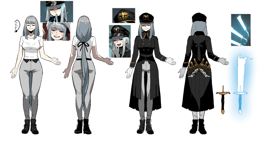 1girl absurdres arm_at_side black_coat black_footwear black_headwear black_jacket black_ribbon breasts closed_eyes closed_mouth coat collared_jacket double-breasted energy_sword gloves gogalking grey_hair grey_pants hair_ribbon hat highres hilt jacket large_breasts long_hair low-tied_long_hair low_ponytail military_hat multiple_views ophelia_(gogalking) original pants ponytail ribbon shirt shoes simple_background smile standing sword very_long_hair weapon white_background white_gloves white_shirt wing_collar