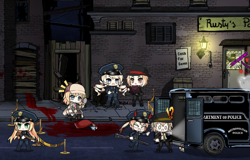 !? 1boy 6+girls :&lt; alley alternate_costume bag beret blonde_hair blood blood_trail blue_eyes book brick_wall broken_bottle brown_eyes car collared_shirt colt_m1873_(girls_frontline) commander_(girls_frontline) crossover demon_horns detective diamond_(gemstone) drill_hair english_commentary english_text fang fence formal ghost girls_frontline green_eyes grey_hair ground_vehicle gun hand_print handgun hat heart highres holding hololive hololive_english horns lantern long_hair long_sleeves m1_garand m1_garand_(girls_frontline) m870_(girls_frontline) magnifying_glass motor_vehicle mp40_(girls_frontline) mp41_(girls_frontline) multiple_girls necktie night o_o open_mouth outdoors plaid plaid_skirt police police_car police_hat police_uniform policewoman red_neckwear remington_870 revolver rifle road satchel shirt short_hair shotgun skirt star_(symbol) street suit the_mad_mimic twintails uniform van victorian virtual_youtuber watson_amelia weapon wooden_fence