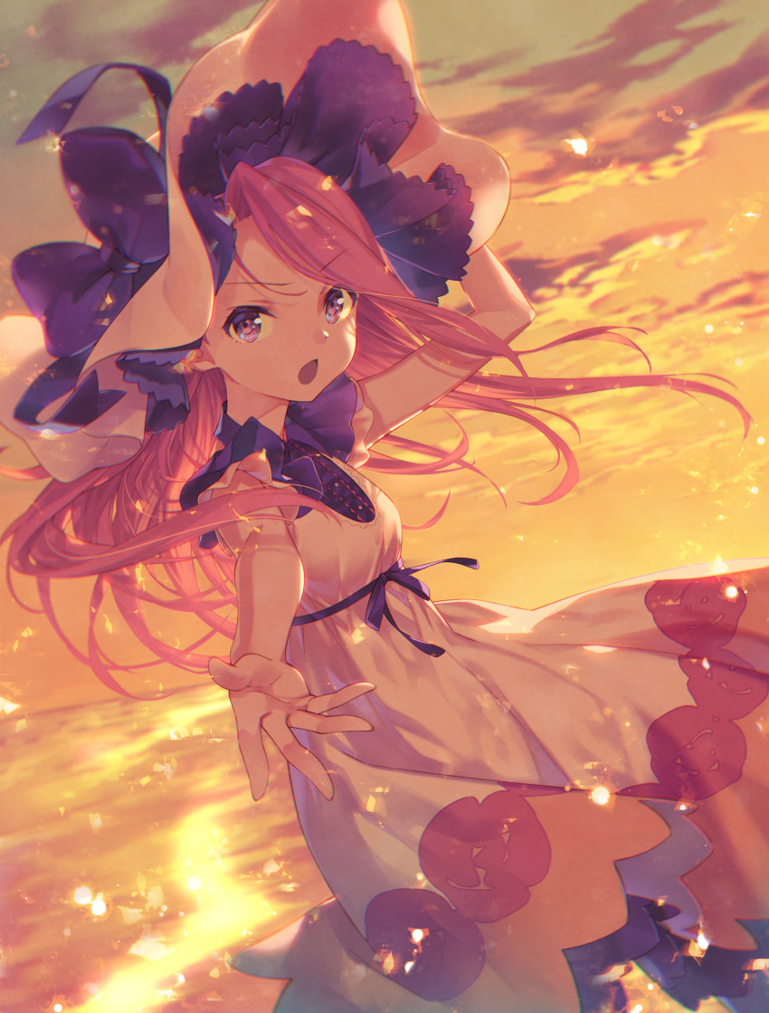 1girl absurdres arm_up bangs bow brown_hair clouds cloudy_sky commentary_request dress eyebrows_visible_through_hair from_side hand_on_headwear hat hat_bow highres hirano_katsuyuki horizon idolmaster looking_at_viewer looking_to_the_side minase_iori ocean open_mouth outdoors outstretched_arm pleated_dress purple_bow short_sleeves sky solo sun_hat sunset swept_bangs violet_eyes water white_dress white_headwear wind