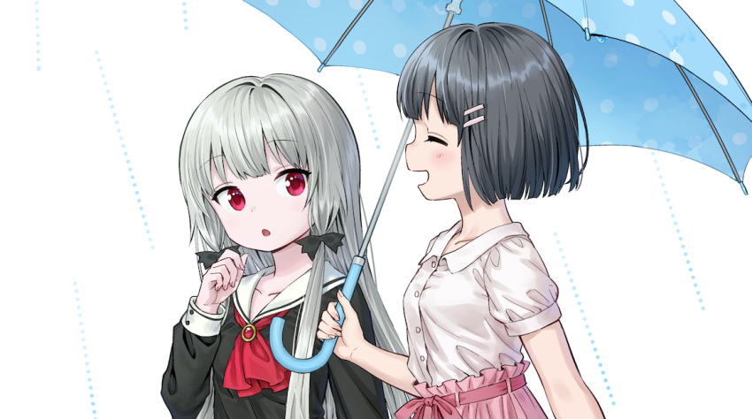2girls :o ^_^ ama-tou amano_akari arm_at_side ascot bangs belt black_hair black_ribbon blouse blue_umbrella blunt_bangs blunt_ends blush bob_cut brooch chestnut_mouth closed_eyes collarbone collared_blouse commentary_request dot_nose eyebrows_visible_through_hair facing_away fingernails frills from_side hair_ornament hair_ribbon hairclip hand_up happy head_tilt high-waist_skirt holding holding_umbrella jewelry long_hair looking_at_another looking_to_the_side multiple_girls official_art pale_skin pink_belt pink_eyes pink_ribbon pink_skirt polka_dot polka_dot_umbrella profile puffy_short_sleeves puffy_sleeves rain red_neckwear ribbon shared_umbrella short_hair short_sleeves sidelocks silver_hair simple_background skirt sleeve_cuffs smile sophie_twilight tonari_no_kyuuketsuki-san umbrella upper_body white_background white_blouse |d