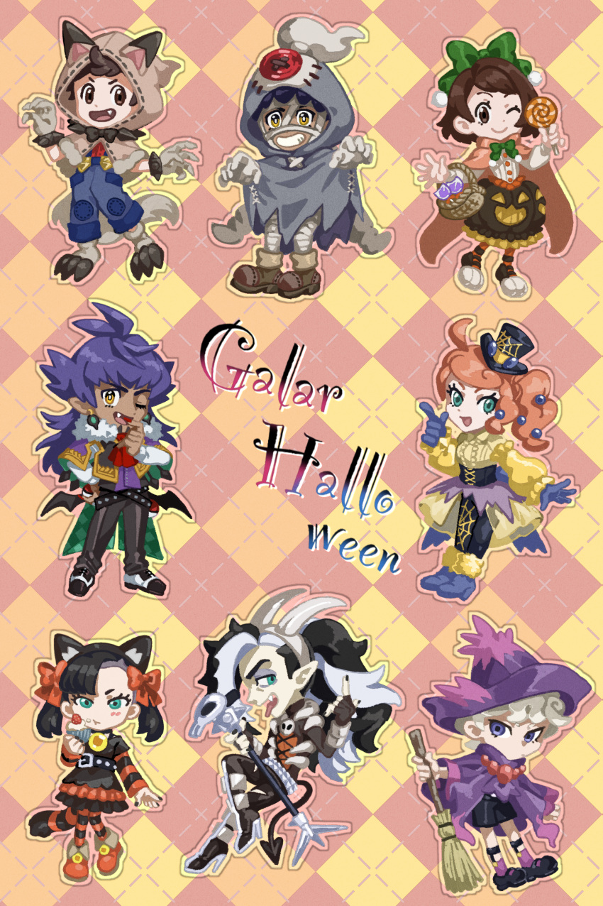 3girls 5boys absurdres bede_(pokemon) black_nails bow broom brown_eyes brown_hair candy claw_pose commentary_request cosplay cupcake dress dusclops dusclops_(cosplay) fang fingerless_gloves food gen_2_pokemon gen_3_pokemon gen_4_pokemon gen_6_pokemon gen_7_pokemon gloria_(pokemon) gloves gourgeist gourgeist_(cosplay) green_eyes hair_bow halloween hand_up hat highres holding holding_broom holding_poke_ball hood hood_up hop_(pokemon) houndoom houndoom_(cosplay) index_finger_raised komame_(st_beans) leon_(pokemon) lollipop long_hair marnie_(pokemon) microphone_stand mini_hat mismagius mismagius_(cosplay) multiple_boys multiple_girls nail_polish one_eye_closed orange_bow orange_hair pants piers_(pokemon) poke_ball poke_ball_(basic) pokemon pokemon_(game) pokemon_swsh purple_hair rockruff rockruff_(cosplay) smile sonia_(pokemon) striped striped_legwear teeth victor_(pokemon)