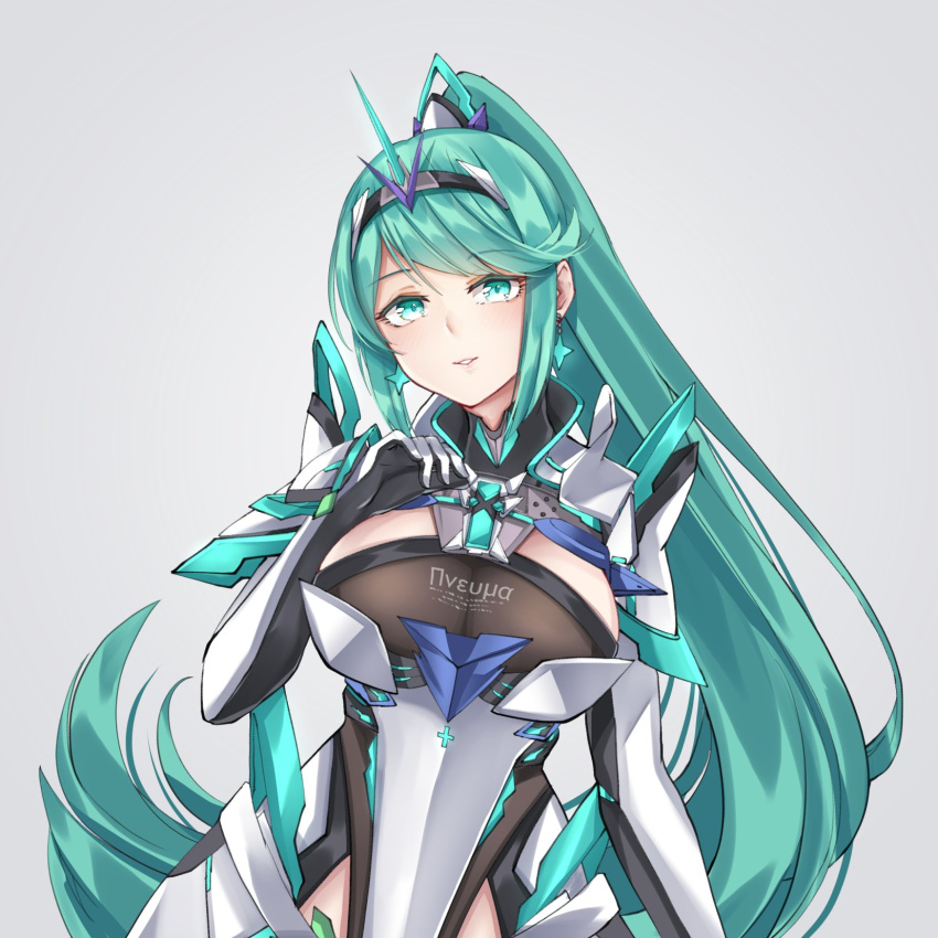 1girl bangs breasts chest_jewel earrings gloves green_eyes green_hair grey_background hand_on_own_chest highres jewelry large_breasts long_hair long_ponytail looking_at_viewer pneuma_(xenoblade) ponytail sarasadou_dan simple_background solo swept_bangs tiara upper_body very_long_hair xenoblade_chronicles_(series) xenoblade_chronicles_2