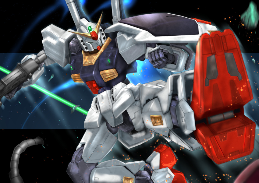 absurdres cable clenched_hand flying_kick green_eyes gun gundam gundam_mk_ii highres holding holding_gun holding_weapon huge_filesize kicking laser mecha mobile_suit sanuta_hiko science_fiction shield solo v-fin weapon zeta_gundam