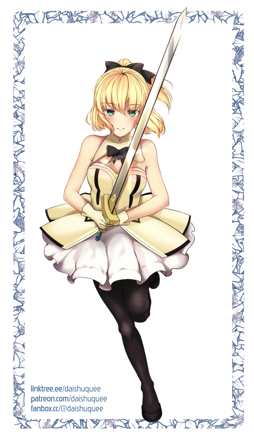 1girl artoria_pendragon_(all) black_legwear blonde_hair blush closed_mouth daishuquee fate_(series) gloves green_eyes highres holding holding_weapon lipstick looking_at_viewer makeup saber saber_lily simple_background smile solo standing sword weapon