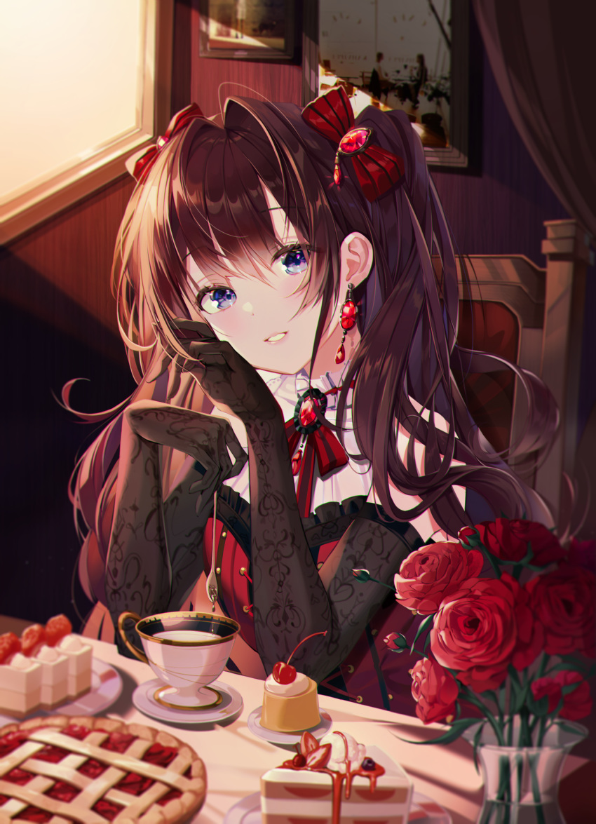 1girl bangs bare_shoulders black_gloves blush bow brooch brown_hair buri_(retty9349) cake cake_slice chair cherry cup dress elbow_gloves eyebrows_visible_through_hair flower food fruit gem gloves hair_bow hair_intakes head_tilt highres ichinose_shiki idolmaster idolmaster_cinderella_girls indoors jewelry long_hair looking_at_viewer neck_ribbon painting_(object) parted_lips pink_lips red_bow red_dress red_flower red_neckwear red_ribbon red_rose ribbon rose ruby_(gemstone) sitting sleeveless sleeveless_dress smile solo table teacup teaspoon twintails upper_body very_long_hair violet_eyes