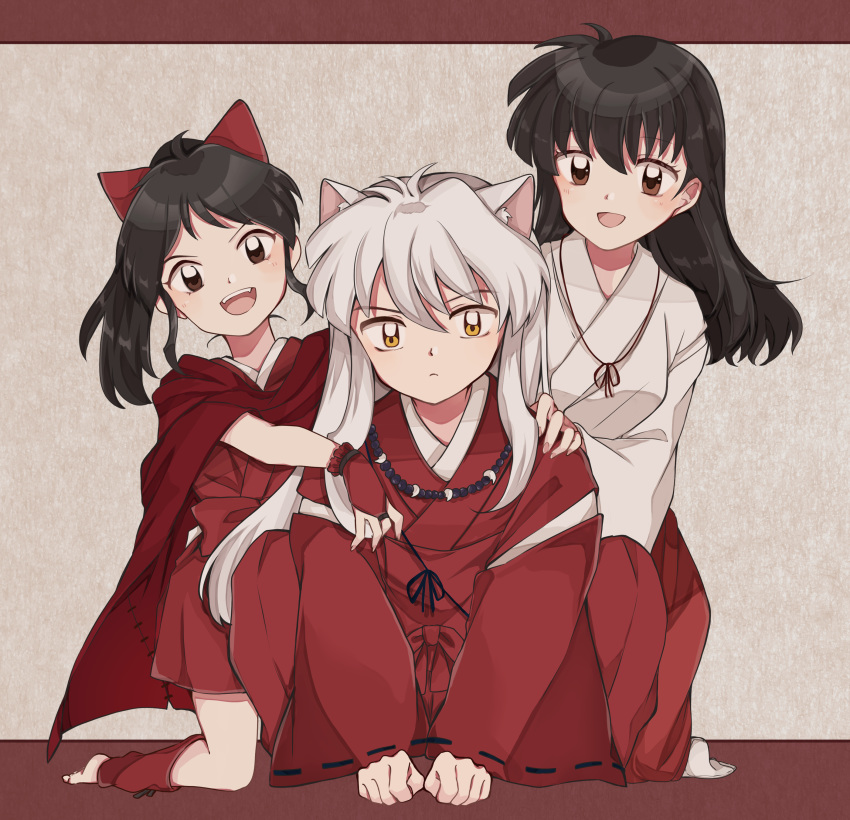 1boy 2girls absurdres animal_ears bead_necklace beads bow brown_eyes cape hair_bow han'you_no_yashahime highres higurashi_kagome inuyasha inuyasha_(character) jewelry llatteowo long_hair moroha multiple_girls necklace parent_and_child short_hair silver_hair toeless_legwear wolf_ears yellow_eyes younger