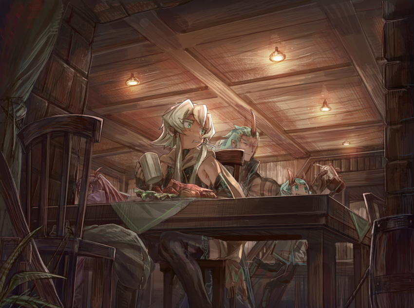1girl 3boys bare_shoulders barrel black_legwear cape ceiling_light closed_mouth eating food green_eyes hair_tubes highres holding horns indoors mouth_hold multiple_boys original shichigatsu sidelocks single_horn sitting solo solo_focus steak table thigh-highs white_hair wooden_ceiling