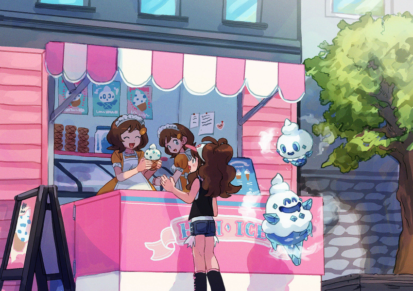 3girls antenna_hair bare_arms black_vest blush brown_hair casteliacone day elizabeth_(tomas21) frills gen_5_pokemon hand_up heart highres hilda_(pokemon) holding jar kneepits looking_up multiple_girls open_mouth outdoors pokemon pokemon_(creature) pokemon_(game) pokemon_bw poster_(object) short_shorts short_sleeves shorts smile standing tongue tree vanillish vanillite vest waitress_(pokemon)