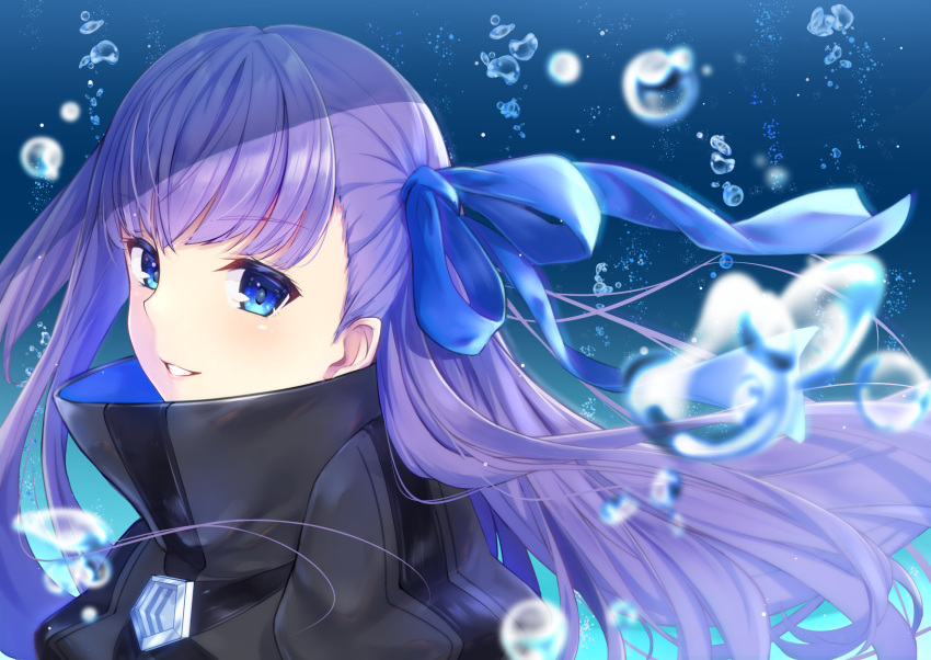 1girl air_bubble bangs blue_eyes blue_ribbon bubble commentary_request eyebrows_visible_through_hair face fate/grand_order fate_(series) floating_hair hair_ribbon highres long_hair looking_at_viewer meltryllis purple_hair ribbon smile solo teeth tks-nb_(iorin-rinn) underwater