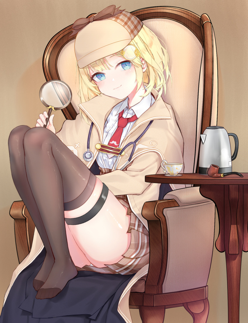 1girl ass bangs blonde_hair blue_eyes blush breasts brown_capelet brown_jacket brown_legwear brown_skirt chair coffee_mug collared_shirt commentary cup deerstalker detective eyebrows_visible_through_hair hair_ornament hand_up hat high-waist_skirt highres holding hololive hololive_english jacket knees_up long_sleeves looking_at_viewer magnifying_glass monocle_hair_ornament mug mustache_print necktie no_shoes panties panty_peek pipe plaid plaid_skirt pleated_skirt red_neckwear shirt sitting skirt smile solo stethoscope table teacup terebi_(shimizu1996) thigh-highs thighs underwear virtual_youtuber watson_amelia white_shirt wooden_table